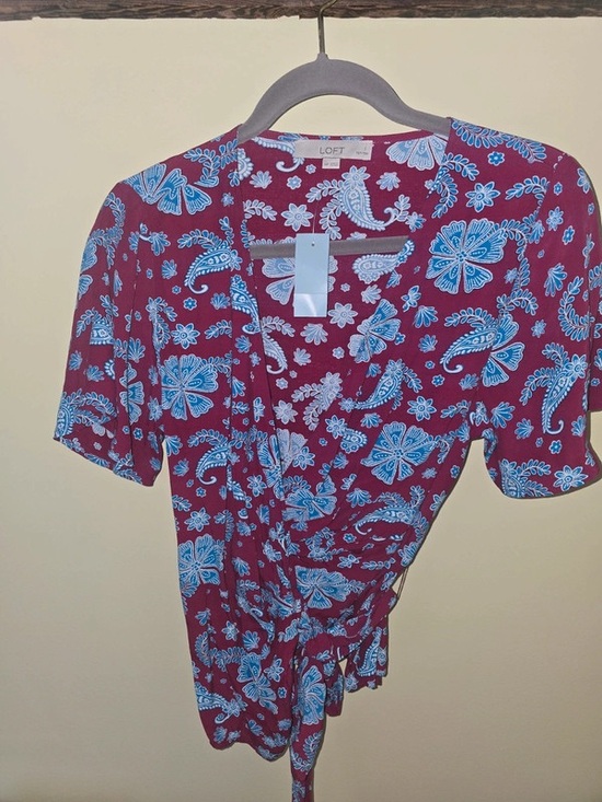 LOFT Tops - LOFT Burgundy Wrap Blouse with Light Blue Floral Print